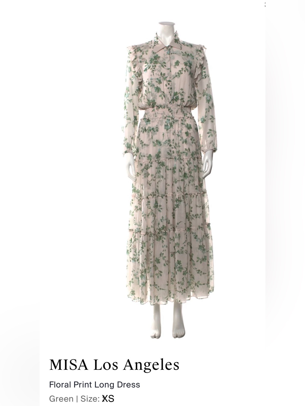 Misa Los Angeles Ahreana Floral Chiffon Tiered Maxi Shirtdress Crm/Grn Xs, Nwt